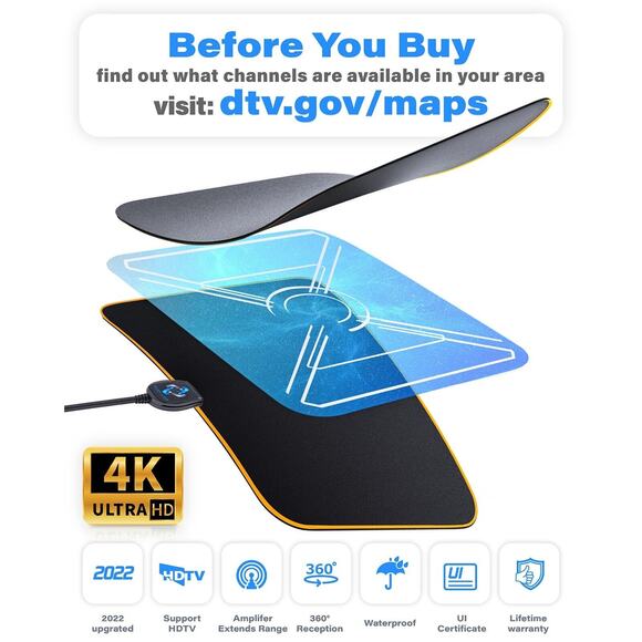 U MUST HAVE Amplified HD Digital TV Antenna 2022 - 180 Miles Range - Support 4K - Picture 4 of 6
